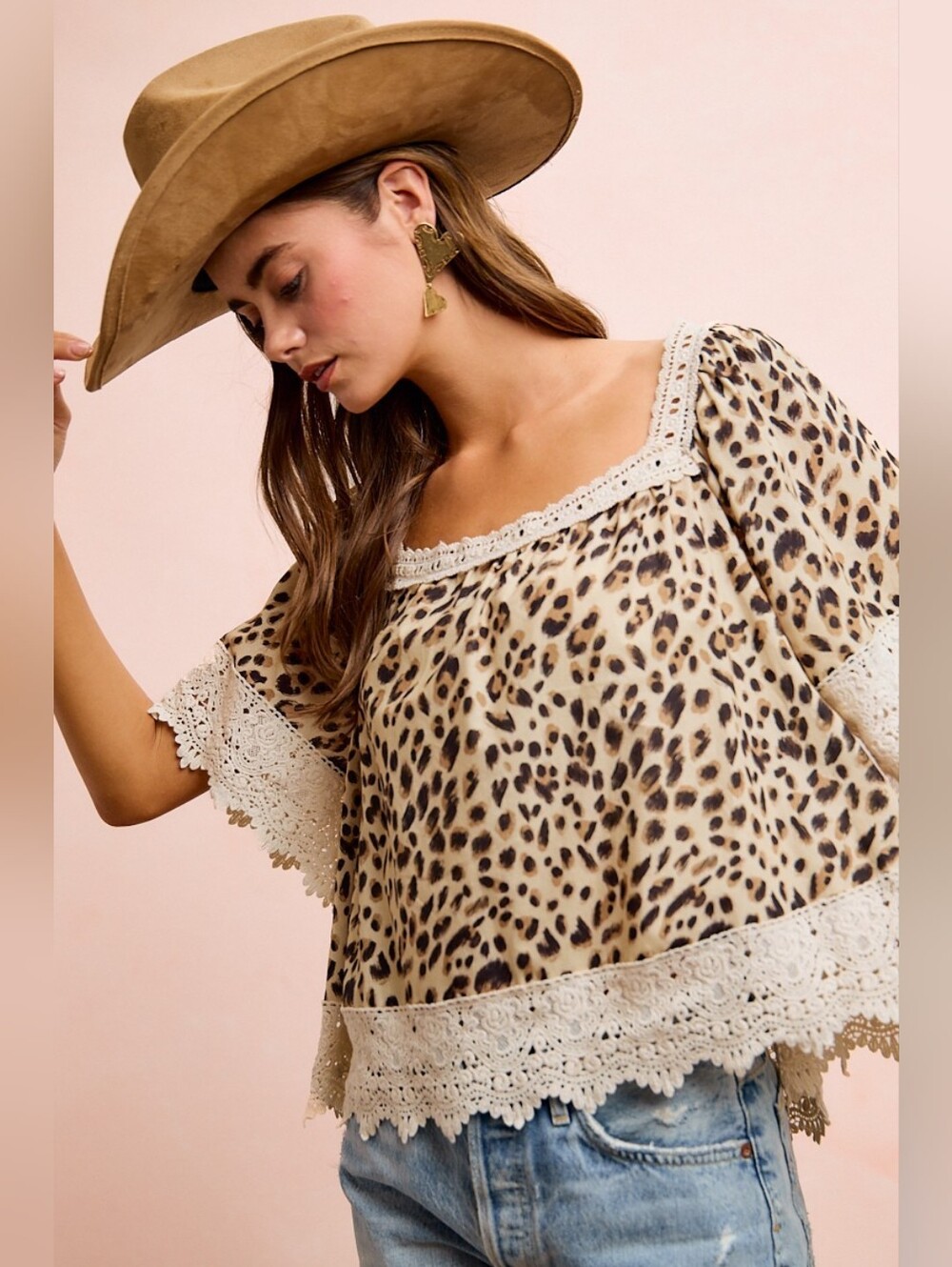 BiBi Leopard Lace Mix And Match Square Neckline Top- 100% Cotton- Fast Shipping! - Picture 3 of 10